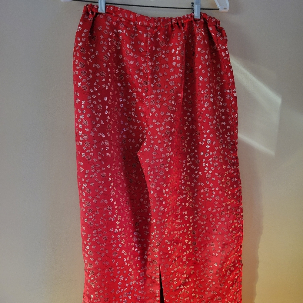 Elegant Red Floral Women's Chinese Pants L